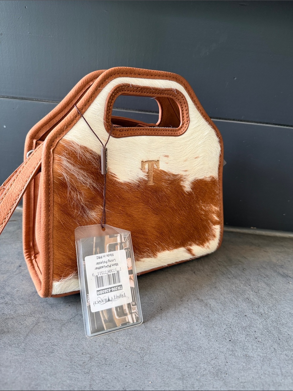 Mini Cowhide Top-Handle Bag in Brown & White